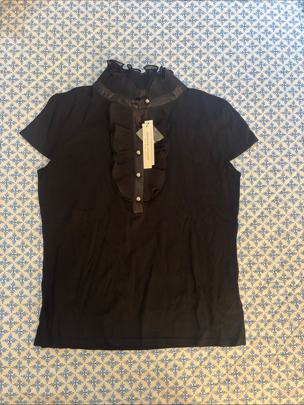 Adrienne Vittadini Black Ruffle-Front Short Sleeve Top